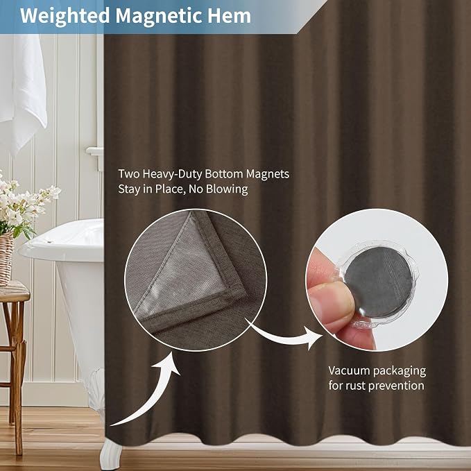Waterproof Fabric Shower Curtain,No Liner Needed,72x72,Brown | 2-in-1 Design,Linen Textured,100% Waterproof TPU-Laminated Backing,Magnetic Weighted,Machine Washable,For Bathroom,Hotel