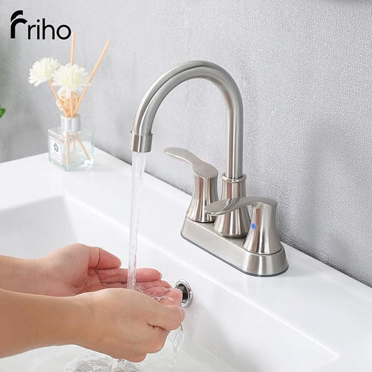 Friho 4 Inch Centerset Bathroom Faucet, Brushed Nickel Bathroom Faucets for Sink 3 Hole, Lead-Free 2 Handle Stainless Steel RV Bath Vanity Faucet with Pop-up Drain and Supply Lines