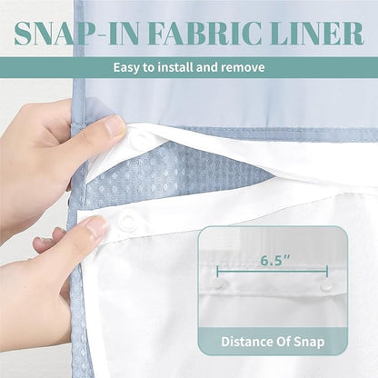 eachope FrostBlue Long No Hook Waffle Weave Shower Curtain with snap-in Liner Replacement, 230GSM Waterproof Fabric Hotel Shower Curtain Set for Bathroom, Through Mesh Top Window,71Wx80H | 230 GSM waffle weave fabric, waterproof liner set with 2 bottom...