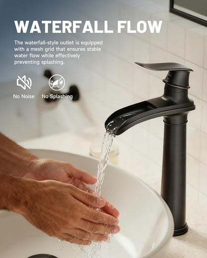 Oil Rubbed Bronze Vessel Sink Faucet Brass Waterfall Bathroom Faucet | with Pop Up Drain Assembly and Supply Hoses, Single Handle Tall Bathroom Faucets Lavatory Vanity Mixer Tap by BATHLAVISH