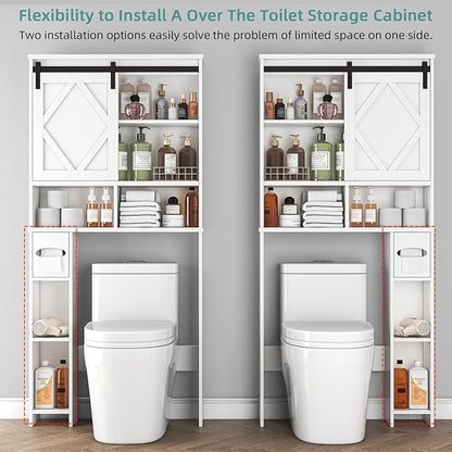 Over the Toilet Storage Cabinet with Farmhouse Sliding Barn Door, Above Toilet Organizer with Toilet Paper Holder Stand, Behind Toilet Shelf, Space Saver for Restroom, Bathroom, Laundry, White