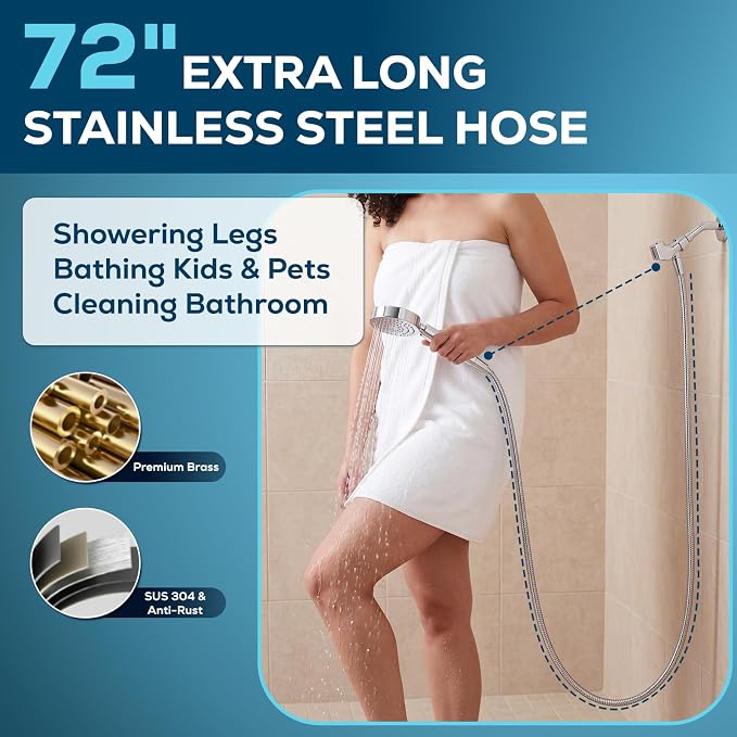 All Metal Handheld Shower Head with 72" Hose, High Pressure Shower Heads | 6 Spray,Stainless Steel Showerheads,Built-in Pause Mode,Hand HeId Showerhead,Non-Clogging Nozzles,Adjustable Brass Holder