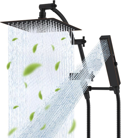 Hibbent All Metal CUPC Certified 8'' Rain Shower Head, Dual Shower Head Combo, High Pressure Handheld 4 Sprays Shower Wand, 16'' Adjustable Extension Arm, 71'' Hose, Shower Holder, Oil Rubbed Bronze