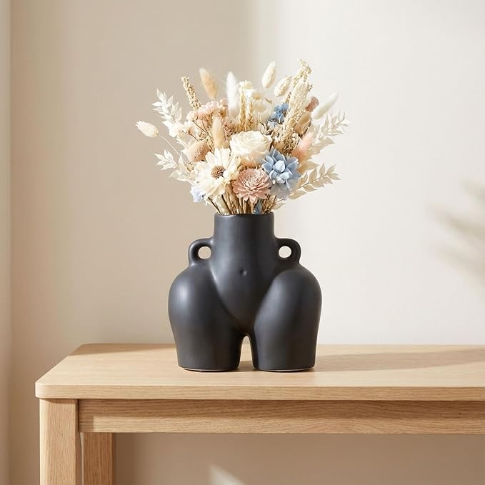 Decorative Half Body Ceramic Vase for Living Room Decor and Home Accents - Perfect for House and Table Decor Displays - Modern Flower Vase for Room, Bedroom, or Office Decor - 8", Black