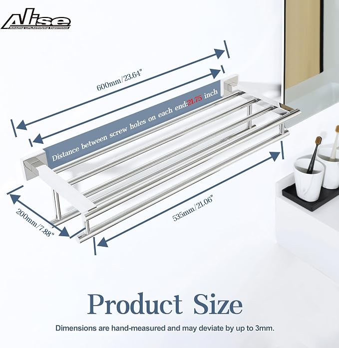 Alise Double Towel Rack for Bathroom Wall Mounted 24 Inch,Polished Chrome | Bathroom Tower Holder Towel Shelf with Double Towel Bars,SUS304 Stainless Steel Towel Rack with Shelf