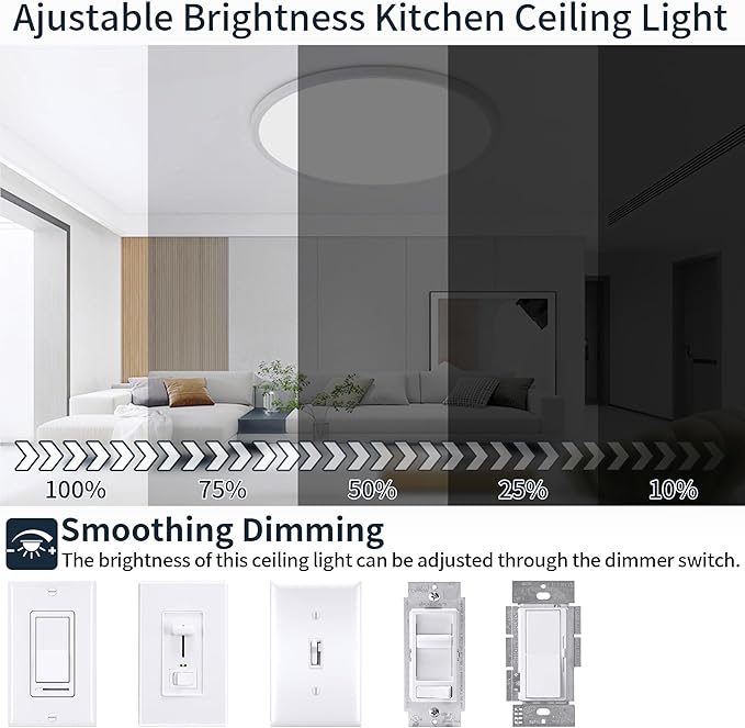 MOONSEA 24 Inch Flush Mount Ceiling Light Fixture 48W - 3000K/4500K/6000K Adjustable Round Large Kitchen Light Fixtures Ceiling 4800lm, Dimmable Light Fixtures for Bedroom, White