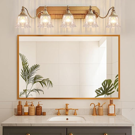 Gold Vintage Bathroom Light Fixtures, 5-Lights Bathroom Vanity Light, Antique Brushed Gold Lighting Fixtures Over Mirror with Crystal Glass Shade, Wall Sconce Lighting
