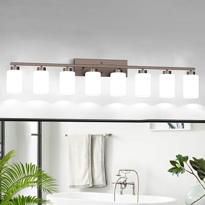 IZORRO Modern Bathroom Light Fixtures, 8 Light Oil-Rubbed Bronze Vanity Lights, Bathroom Lighting Fixtures Over Mirror with White Glass for Living Room Cabinet Bedroom