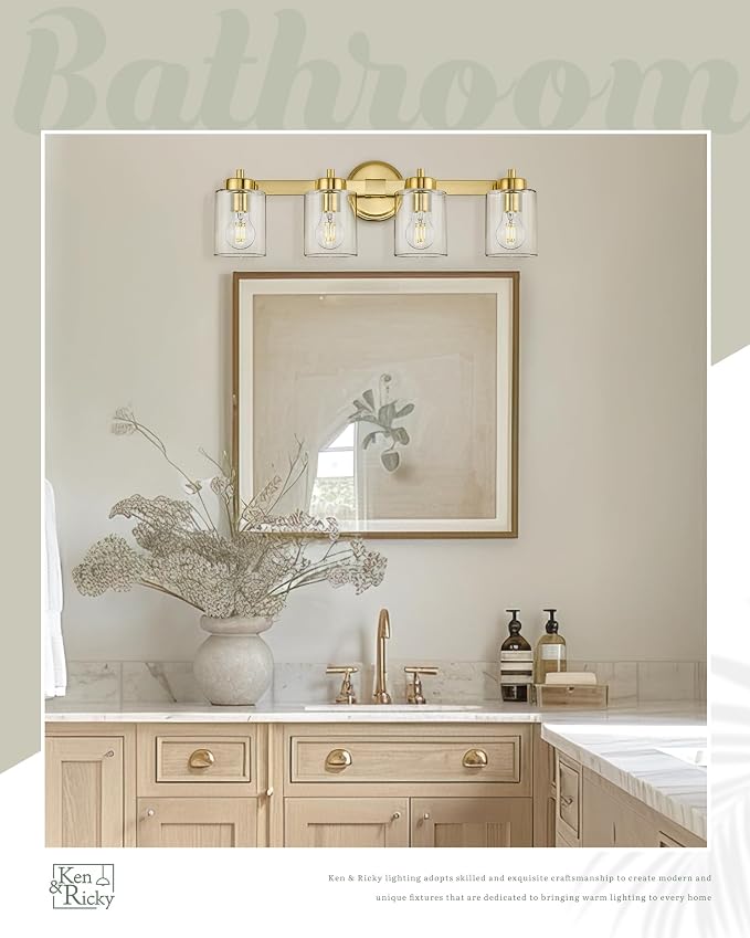 Ken & Ricky 4 Light Brushed Gold Bathroom Vanity Lights Fixtures | Over Mirror,Modern Wall Sconce,E26，Clear Glass Shades For Living Room Bedroom Entryway