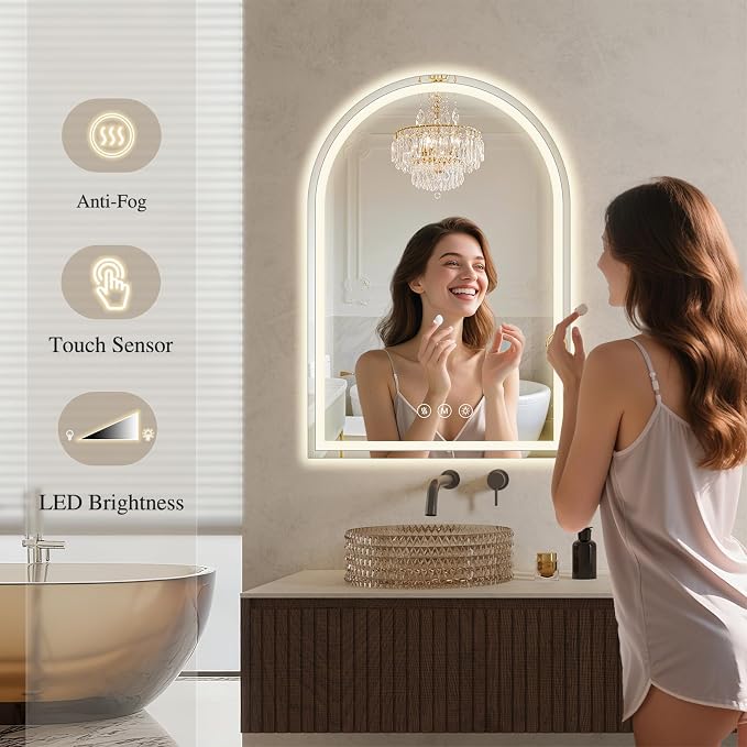 Arched LED Bathroom Mirrors with Lights 24"x36", Anti-Fog,LED Mirrors with Light, Anti-Fog, Dimmable, 3 Color, Shatterproof, Touch Sensor