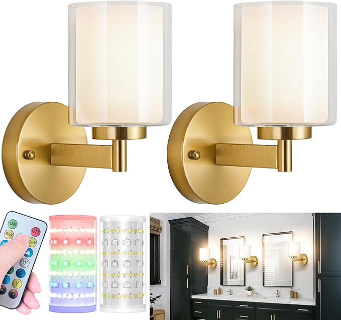 Battery Operated Wall Sconce Set of 2, Wireless Wall Sconce with Remote,10000mAh Rechargeable RGB Dimmable Bathroom Light Fixtures with Double Clear Glass Shade NOT Hardwired