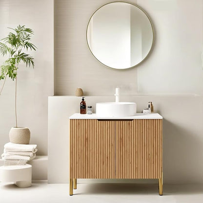 30" Bathroom Vanity with Sink, Modern Bathroom Storage Cabinet with White Round Ceramic Basin and Roma Travertine-Pattern Sintered Stone Countertop, 2 Soft Closing Door, Natural Wood