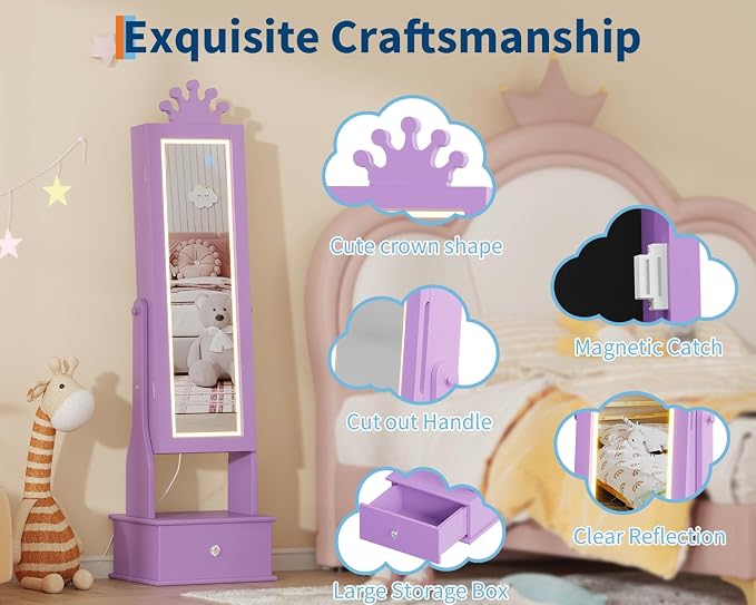 GarveeHome Kids Jewelry Armoire,Child Jewelry Cabinet with Led Light,Freestanding Jewelry Organizer with Full-Length Mirror,3 Storage Drawers,Kids Vanity Dress Up Mirror Cabinet for Girls（Purple）