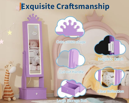 GarveeHome Kids Jewelry Armoire,Child Jewelry Cabinet with Led Light,Freestanding Jewelry Organizer with Full-Length Mirror,3 Storage Drawers,Kids Vanity Dress Up Mirror Cabinet for Girls（Purple）
