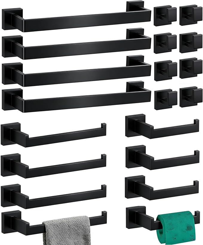 20-Pieces Bathroom Hardware Set Matte Black Bathroom Accessories Set SUS304 Towel Bar Set Includes 4 Towel Bar 16 Inch+4 Towel Holder+4 Toilet Paper Holder+8 Towel Hooks (20, Matte Black)