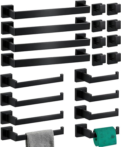 20-Pieces Bathroom Hardware Set Matte Black Bathroom Accessories Set SUS304 Towel Bar Set Includes 4 Towel Bar 16 Inch+4 Towel Holder+4 Toilet Paper Holder+8 Towel Hooks (20, Matte Black)