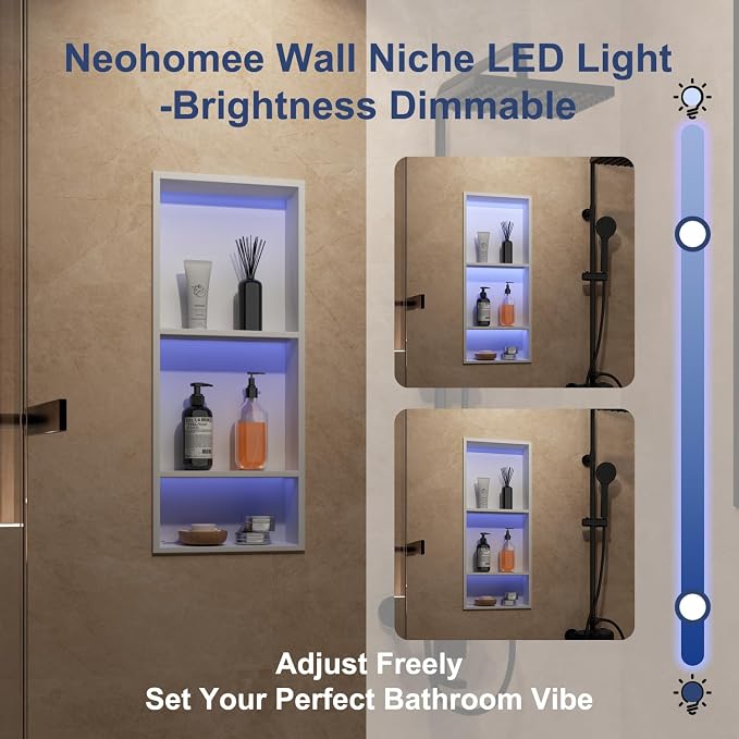 3-Tiers 12x30 Inch Wall Niche with RGB LED Light Strips, White Shower Niche Cabinet, Stainless Steel Bathroom Shelf, NO Tile Needed Recessed Storage Organizer Waterproof