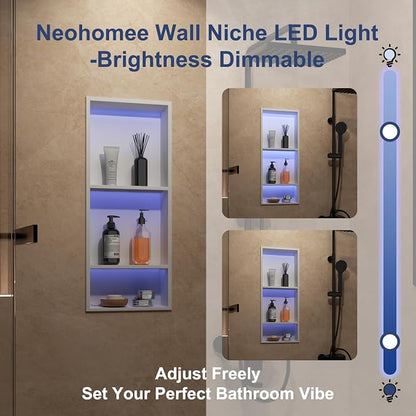 3-Tiers 12x30 Inch Wall Niche with RGB LED Light Strips, White Shower Niche Cabinet, Stainless Steel Bathroom Shelf, NO Tile Needed Recessed Storage Organizer Waterproof