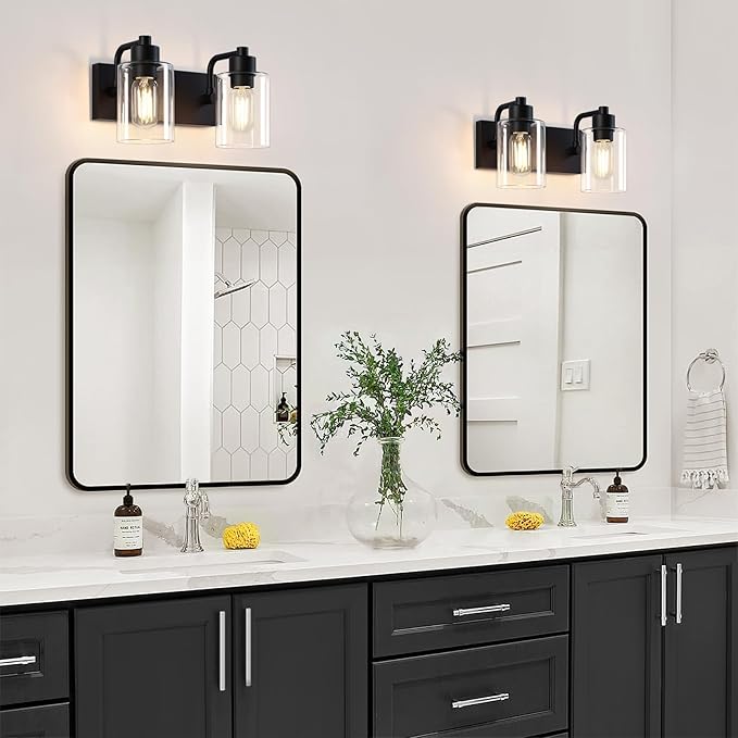 Matte Black 2-Light Bathroom Lights Over Mirror with Clear Glass Shade, Modern Bathroom Light Fixtures for Kitchen Living Room Bedroom Laundry Room