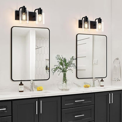 Matte Black 2-Light Bathroom Lights Over Mirror with Clear Glass Shade, Modern Bathroom Light Fixtures for Kitchen Living Room Bedroom Laundry Room