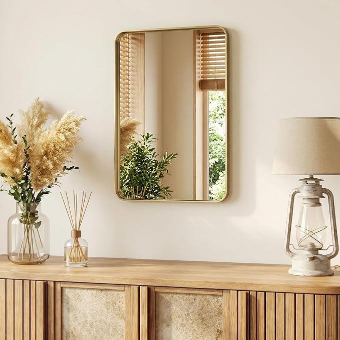 Sweetcrispy Bathroom Mirror 28x20 Inch, Vanity Mirror for Wall | Metal Framed Rounded Rectangle, Over Sink, Farmhouse, Restroom, Anti-Rust, Horizontal or Vertical Hanging, Gold