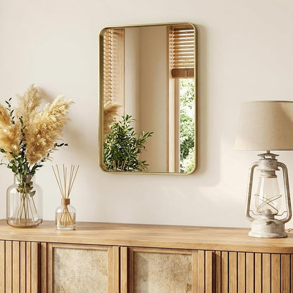 Sweetcrispy Bathroom Mirror 28x20 Inch, Vanity Mirror for Wall | Metal Framed Rounded Rectangle, Over Sink, Farmhouse, Restroom, Anti-Rust, Horizontal or Vertical Hanging, Gold