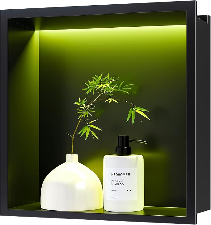 RGB LED Light Shower Niche, Matte Black 12X12 in Stainless Steel Recessed Storage with Remote Control, Waterproof No Tile Needed Wall Niche for Bathroom Storage Built-in Installation