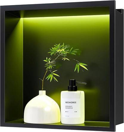 RGB LED Light Shower Niche, Matte Black 12X12 in Stainless Steel Recessed Storage with Remote Control, Waterproof No Tile Needed Wall Niche for Bathroom Storage Built-in Installation