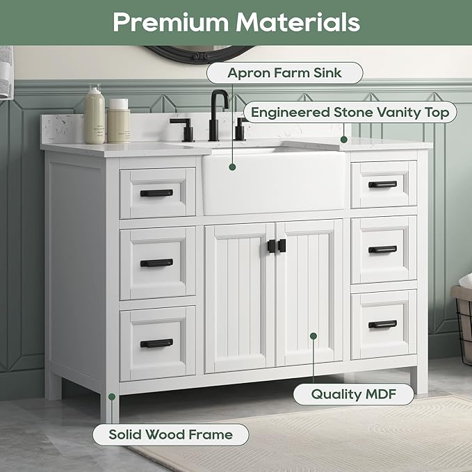 48 Inch White Bathroom Vanity with Sink, Farmhouse Bathroom Vanities Cabinet with Soft Closing Doors & Dovetail Drawers, Vanity for Bathroom with Apron Farm Sink, Solid Wooden Frame