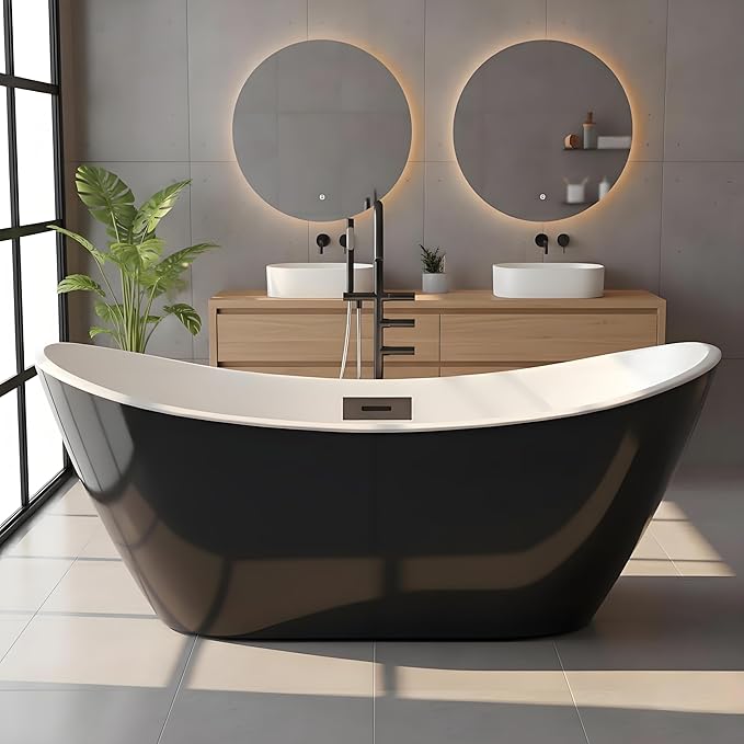Freestanding Tub 59 inch, Acrylic Stand Alone Tub with Chrome Drain, Modern Acrylic Freestanding Bathtub 59 inch for Small Bathroom or Condo