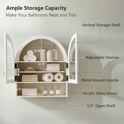 IFGET Bathroom Arched Wall Cabinet, 23.6'' Wide Medicine Cabinet with Adjustable Shelves & Glass Doors, Over The Toilet Storage Wall Mount Cabinet for Laundry Room,Kitchen & Living Room, Antique White