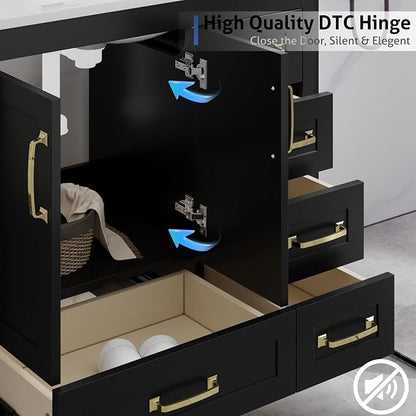 LUCKWIND 36" Bathroom Vanity and Sink Combos, Modern Bathroom Storage Cabinet with Ceramic Sink, Matte Black Faucet and 5 Drawers, Mirror is NOT Included, Black