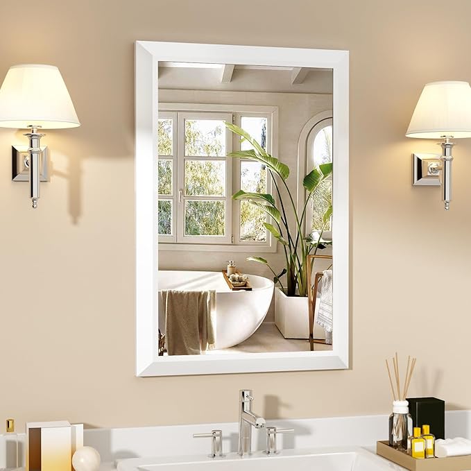 SMIROR 24x36 Matte White Bathroom Vanity Mirror for Over Sink | Metal Wide Frame, Rectangle, Right- Angle Corner, Anti-Rust, Horizontally or Vertically Wall- Mounted for Home Remodel