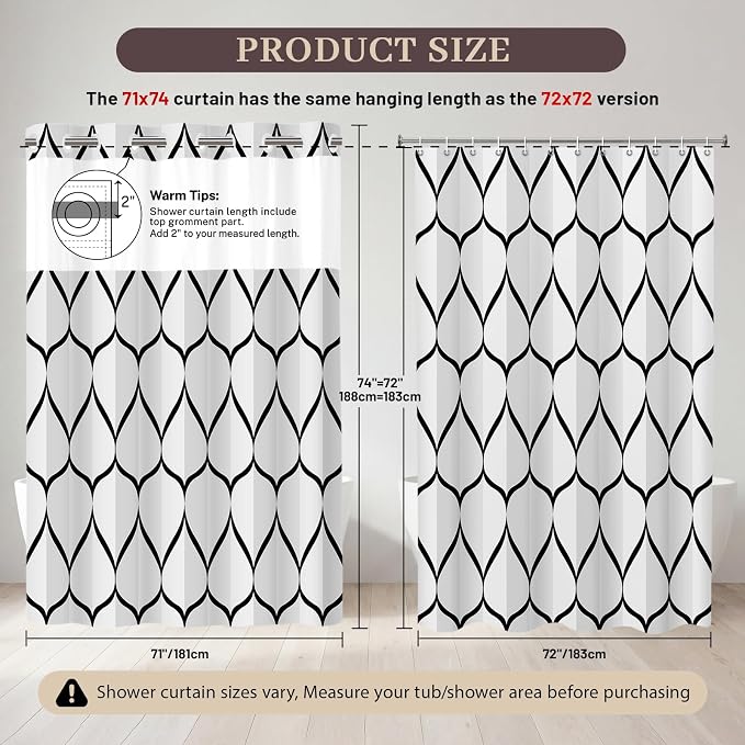 Gelbchu Black White No Hook Shower Curtain with Snap-in Liner, 71 x 74 Inch | Built-In Hooks, Mesh Top Window, Water-Repellent, Machine Washable, Quick Drying, Premium Polyester, Hotel Style, Modern