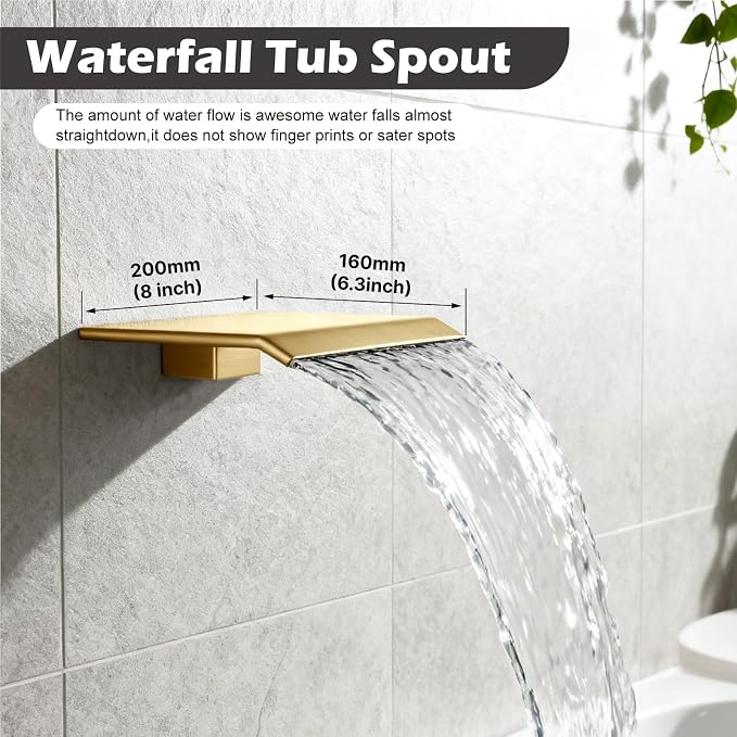 Midanya Shower System with Tub Spout,12 Inch Shower Head,Brushed Gold | with Valve & Trim Kit,Square Rain Head,Handheld Sprayer,Waterfall Spout,All Metal Wall Mount Bathroom Shower Tub Faucet Set