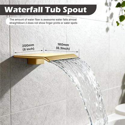 Midanya Shower System with Tub Spout,12 Inch Shower Head,Brushed Gold | with Valve & Trim Kit,Square Rain Head,Handheld Sprayer,Waterfall Spout,All Metal Wall Mount Bathroom Shower Tub Faucet Set