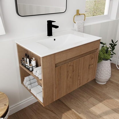 Henf 30inch Brown Modern Wall Mounting Bathroom Vanity With Sink, 2 Soft Close Doors & Open Storage Shelf, Wood Bathroom Sink Vanity with Sink Combo Set