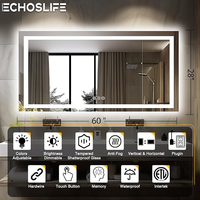 EchosLife 60"x28" LED Bathroom Mirrors for Wall | Backlit + Front Lit, Anti-Fog, Stepless Dimmable, 3 Colors, Memory, Tempered Glass, UL Listed, Horizontal/Vertical