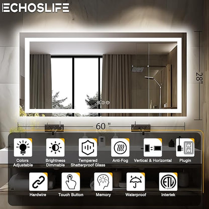 EchosLife 60"x28" LED Bathroom Mirrors for Wall | Backlit + Front Lit, Anti-Fog, Stepless Dimmable, 3 Colors, Memory, Tempered Glass, UL Listed, Horizontal/Vertical