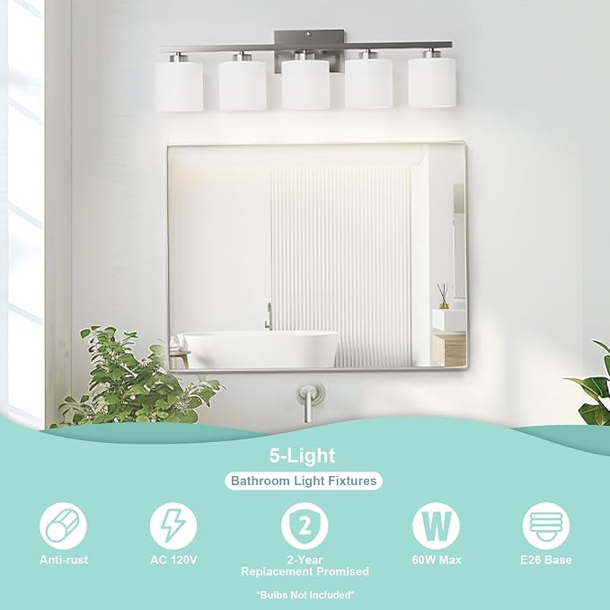 Honesorn 5-Light Bathroom Vanity Light, Anti-Rust Bathroom Light Fixtures | Bathroom Light Over Mirror, Milky White Frosted Shades, Brushed Nickel, E26 Socket(Bulbs Not Included)