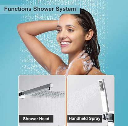 10 Inch Shower Faucet Set, Wall-Mounted Rainfall Shower System with High Pressure Handheld Shower Head, Bathroom Mixer Shower Set Wall Mounted Rough-in Valve and Trim Kit, Polished Chrome