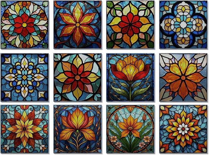 Easy Peel Stick wall Tile Stickers 6x6in Stick on backsplash Tiles,12Pcs | removable 3D tile for kitchen RV bathroom laundry backsplash decor,Ultra-high-definition printed Stained Glass pattern