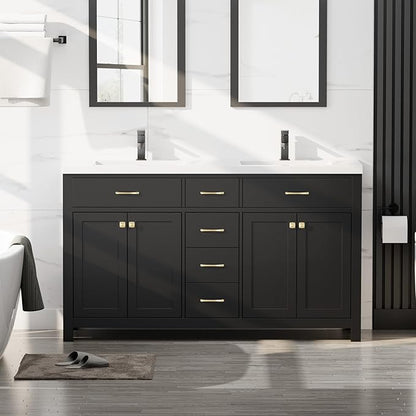 LUCKWIND 60" Bathroom Vanity and Sink Combo, Painted Modern Bathroom Storage Cabinet with Double Sink, Four Doors and Three Drawers, Include Faucet, Without Mirror, Black