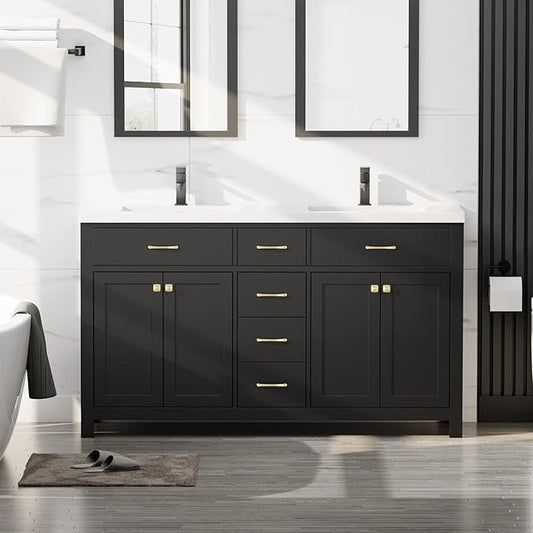 LUCKWIND 60" Bathroom Vanity and Sink Combo, Painted Modern Bathroom Storage Cabinet with Double Sink, Four Doors and Three Drawers, Include Faucet, Without Mirror, Black