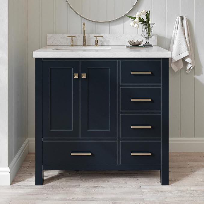 ARIEL Cambridge 36-inch Bathroom Vanity with Sink,Solid Wood, 1.5-inch Italian Carrara Marble Countertop, Single Rectangular Porcelain Sink, 2 Soft Closing Doors, 5 Dovetail Drawers, Midnight Blue