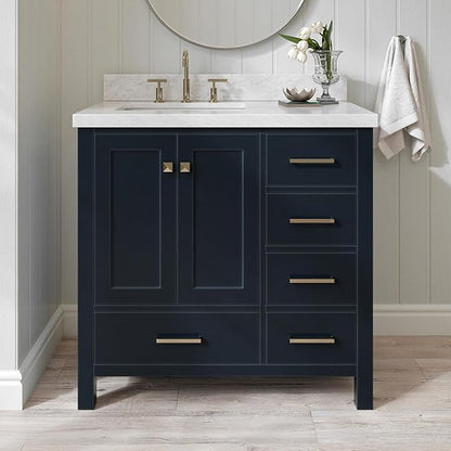 ARIEL Cambridge 36-inch Bathroom Vanity with Sink,Solid Wood, 1.5-inch Italian Carrara Marble Countertop, Single Rectangular Porcelain Sink, 2 Soft Closing Doors, 5 Dovetail Drawers, Midnight Blue