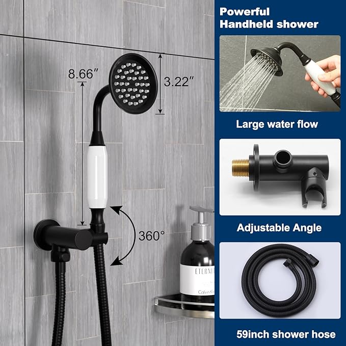 Antique Brass Shower System, 9" & 6" Dual Rain Heads and Handheld Spray Vintage Fixtures, 3-Function Dual Knob Valve with Separate Temperature Control, Matte Black