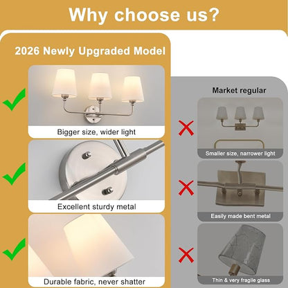 Bathroom Light Fixtures, 3-Light Brushed Nickel Vanity Lights, 25" Bathroom Lighting Fixtures Over Mirror with White Flared Fabric Shade, Modern Wall Sconces for Bathroom Bedroom Living Room Hallway
