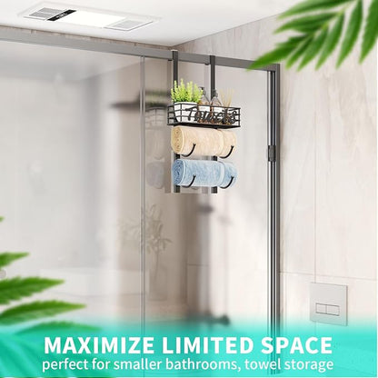 HapiRm Towel Racks for Bathroom Storage - 3 Tier Over The Door & Wall Mount Rolled Towel Storage Organizer Holder with Metal Shelf Basket for Small Bathroom, Camper, Rv - Black, Patented