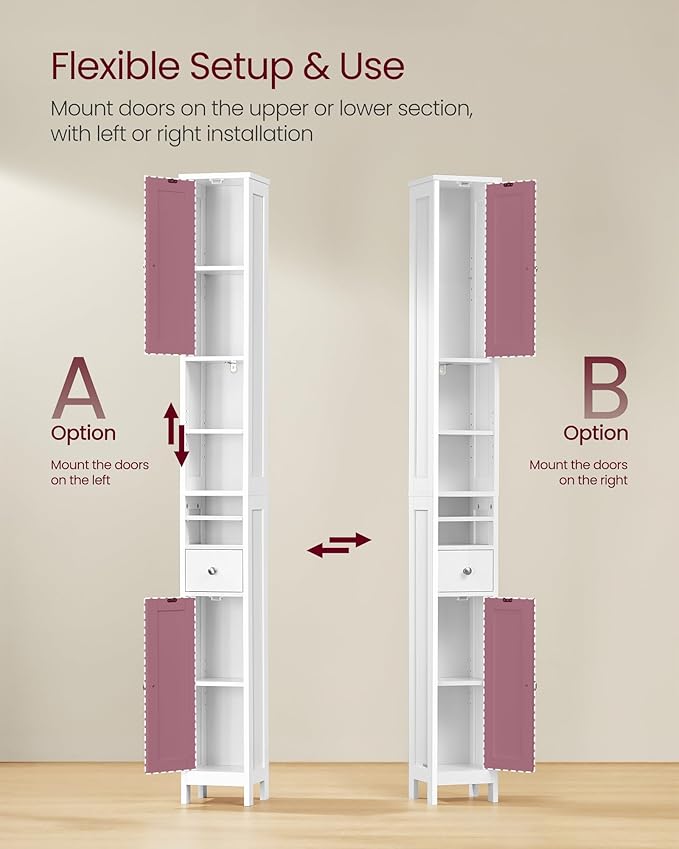 VASAGLE Tall Storage Cabinet, Slim Freestanding Floor Cabinet with Adjustable Shelves, Drawer, Open Compartments, for Small Spaces, Bathroom, Living Room, Modern, Cloud White UBBC765W01